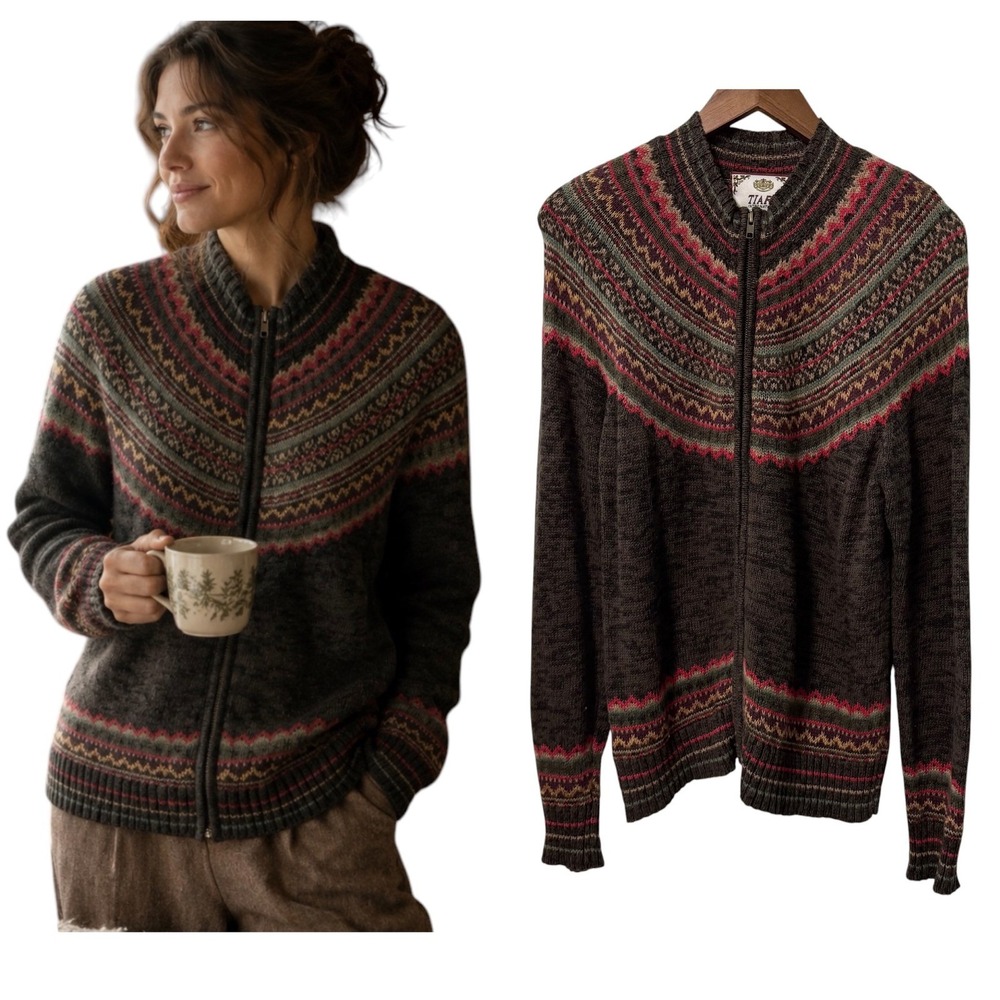 Vtg Y2k Cardigan Womens M Nordic Fair Isle Brown Zip Knit Sweater Cabin Cozy